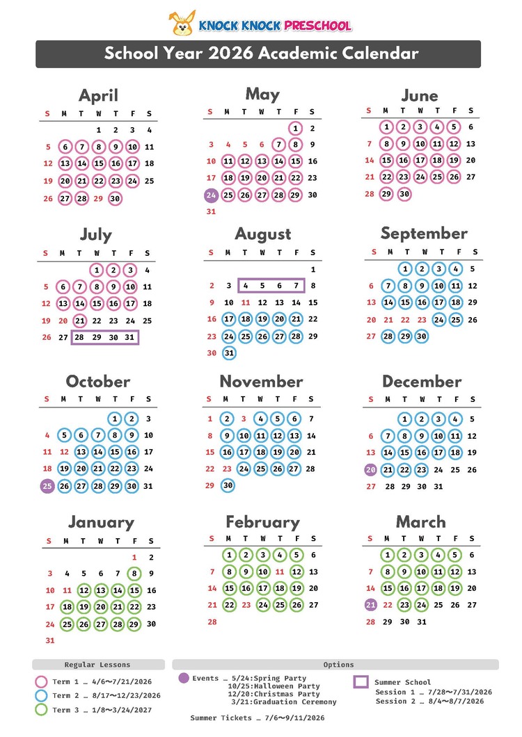 Knock Knock Preschol Academic Calenar 2026